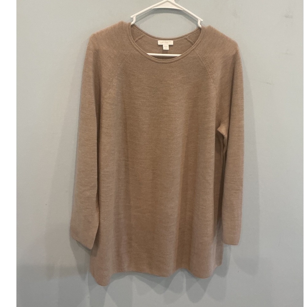 J.Jill Womens Merino Wool Sweater L Petite Taupe Tunic Top Fall Boho Lagenlook